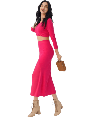 Women's Two Piece Skirt Suits Long Sleeves Knit Top + Split Long Skirt Sets -, Outfit Sets , Drestiny , Australia, Black, Brown, Canada, Casual Shirts, Crop Tops, Deep Pink, Green, Khaki, Light Blue, Long Sleeves, New Zealand, Skirt Sets, Skirts, Teal, United Kingdom, United States, White , Drestiny , www.shopdrestiny.com